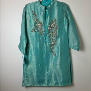 Embroidered Teal Silk Kurta Tunic Pearl Beaded Festive size 36